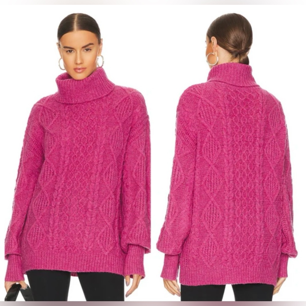 NSF Revolve Aurora Merino Wool Turtleneck Cable Knit Sweater Pink Size Large